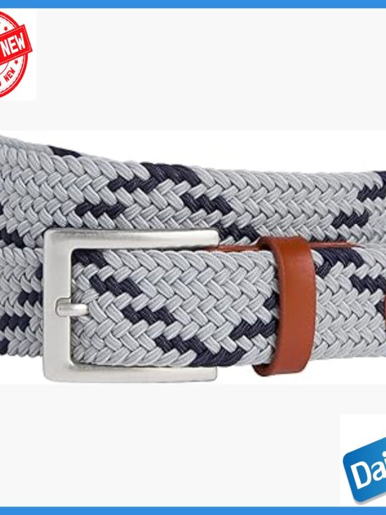 120cm Men Medium Stretch Bungee Belt with Plastic Buckle, Genuine Leather Trim